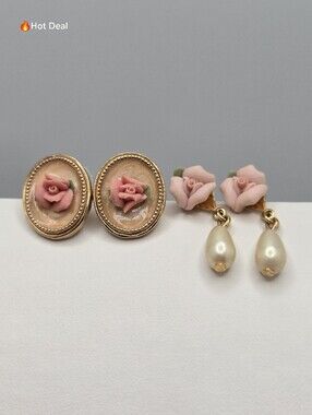 Vintage Porcelain Rose Earrings Lot Cameo Stud & Pearl Dangle Gold Tone